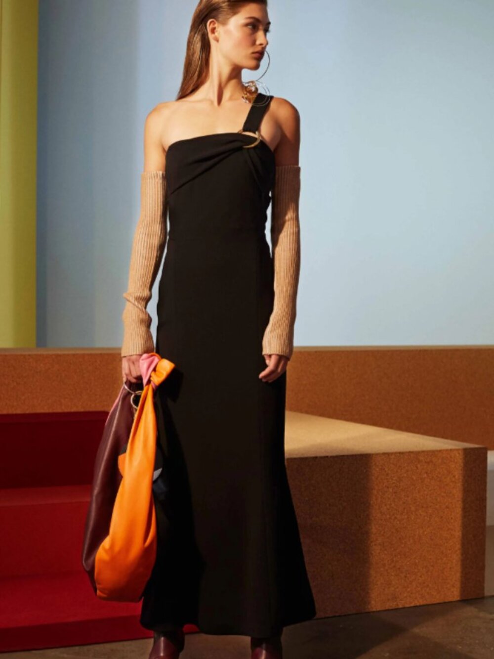 Diane von Furstenberg Women's 10 Black One Shoulder Maxi Gown Gold Ring Glam